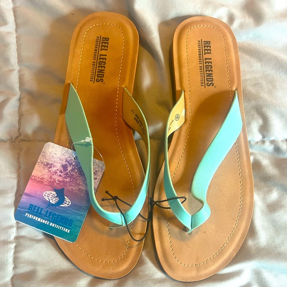 Reel Legends leather sandals with tan/aqua